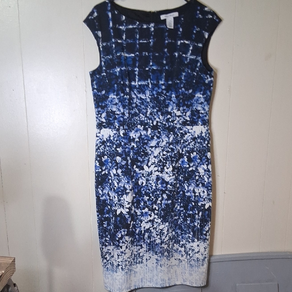 White House Black Market Navy and White Abstract Midi Dress